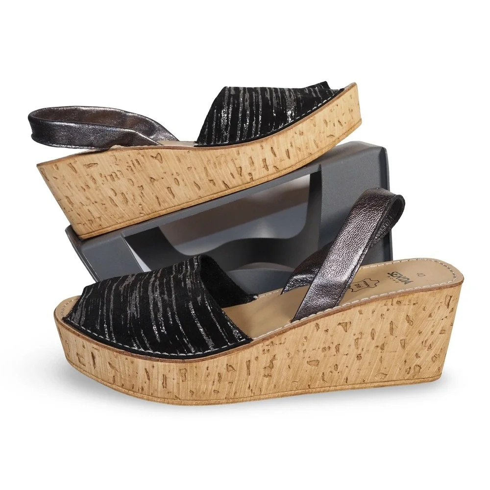 Senda Road Platform Cork Wedge Sandals Women's 9/40 Black Silver Slingback